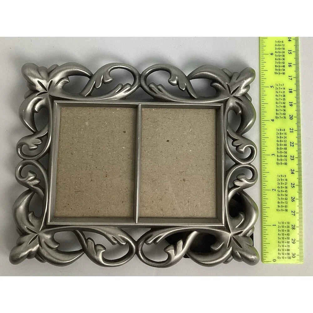 Metal Picture Frame Double Wallet Size Silvertone Ornate Scroll